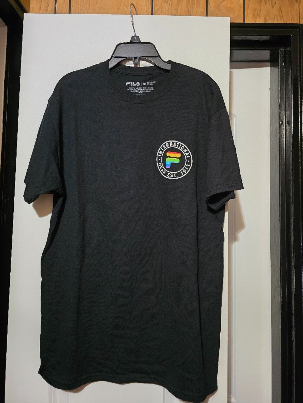 Fila Black Short Sleeve Tee with Multicolor Round Logo - Size Medium